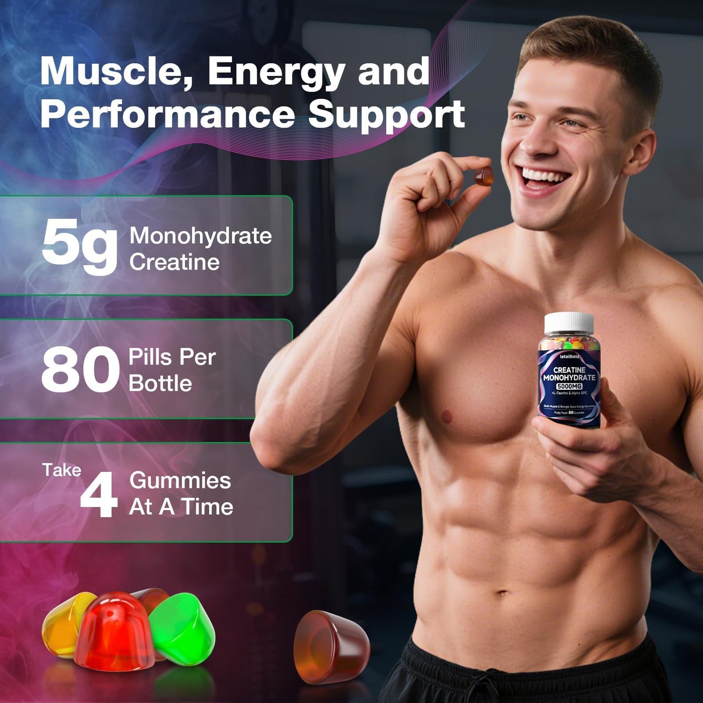 Creatine Monohydrate Gummies 5g for Women & Men - Creatine Gummies for Women Pre Workout Chewables with L-Taurine & Alpha GPC, Sugar-Free Muscle Builder, Energy Boost, Vegan Non-GMO (160 Count) - Maple Wellness Supplements