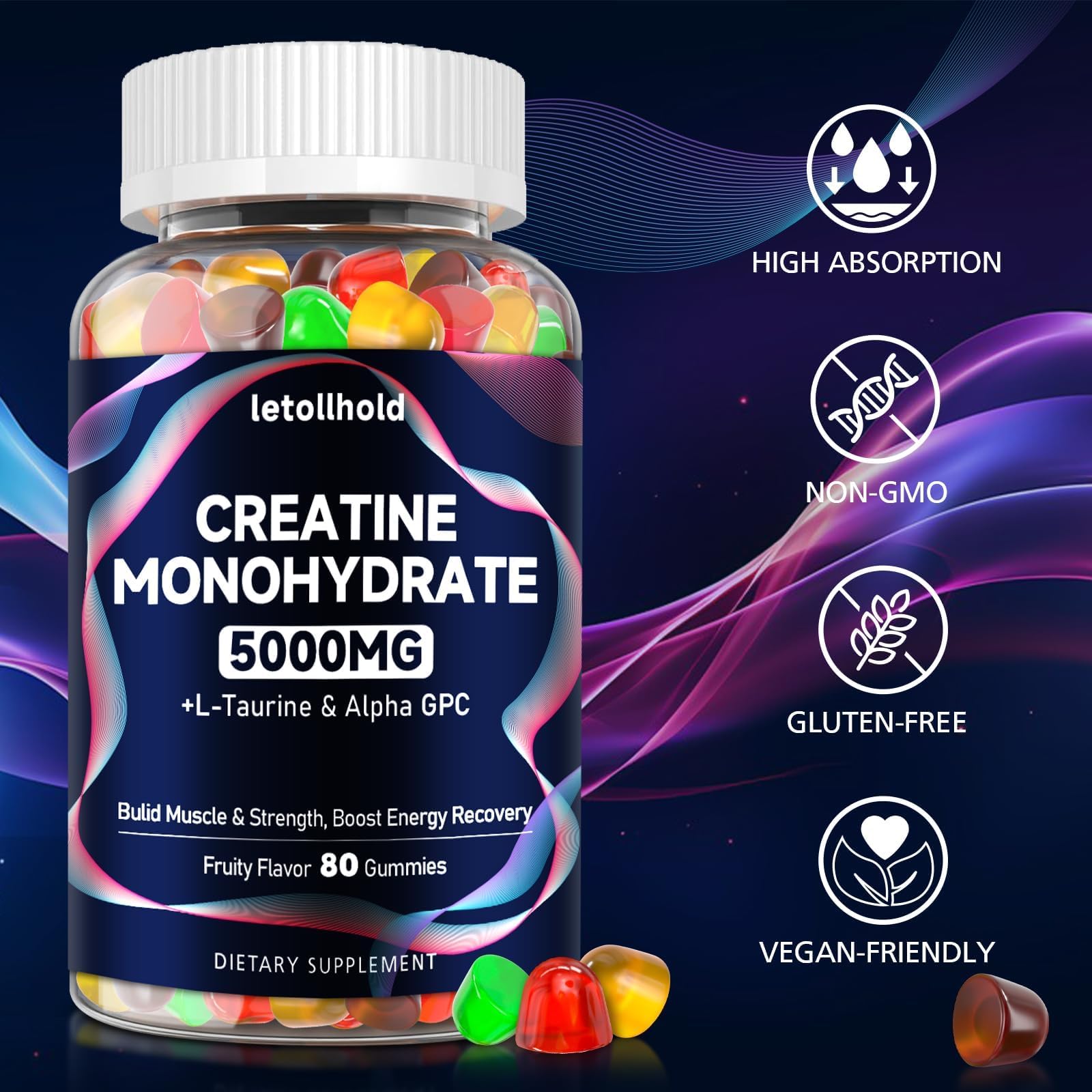 Creatine Monohydrate Gummies 5g for Women & Men - Creatine Gummies for Women Pre Workout Chewables with L-Taurine & Alpha GPC, Sugar-Free Muscle Builder, Energy Boost, Vegan Non-GMO (160 Count) - Maple Wellness Supplements