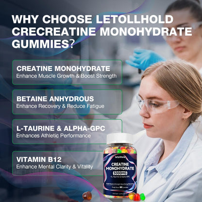 Creatine Monohydrate Gummies 5g for Women & Men - Creatine Gummies for Women Pre Workout Chewables with L-Taurine & Alpha GPC, Sugar-Free Muscle Builder, Energy Boost, Vegan Non-GMO (160 Count) - Maple Wellness Supplements