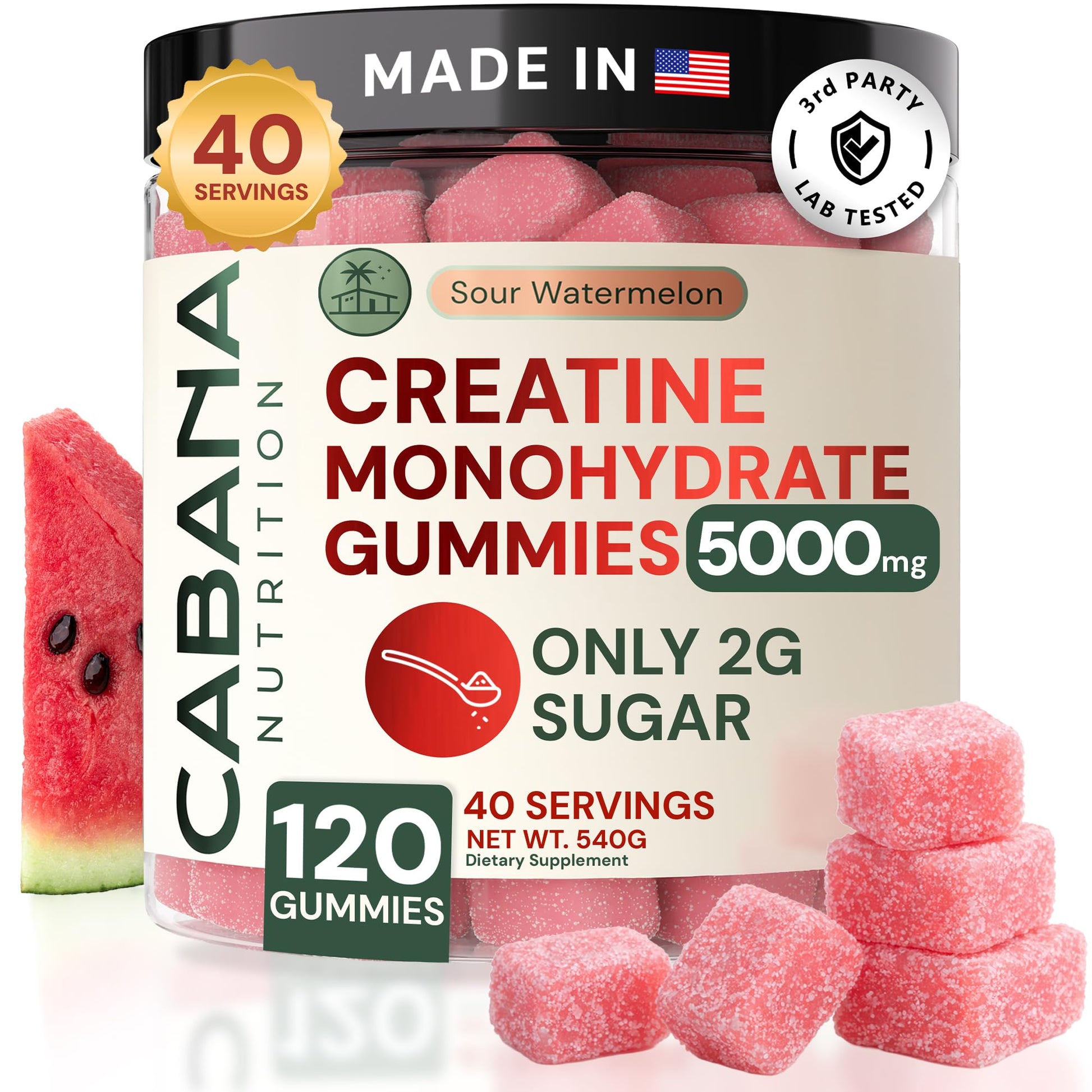 Creatine Monohydrate Gummies 5g - Only 2g Sugar, Made in USA - Sour Watermelon Flavor - Vegan & 3rd Party Tested - Pre & Post Workout Supplement for Women and Men (120 Count, 40 Servings) - Maple Wellness Supplements