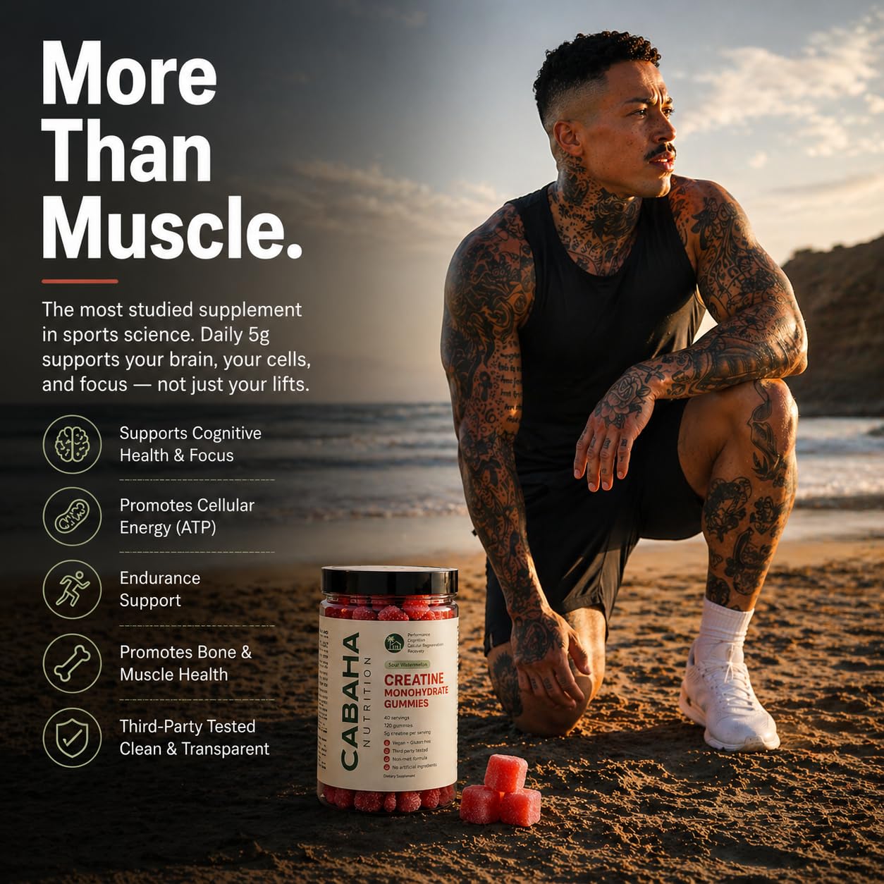 Creatine Monohydrate Gummies 5g - Only 2g Sugar, Made in USA - Sour Watermelon Flavor - Vegan & 3rd Party Tested - Pre & Post Workout Supplement for Women and Men (120 Count, 40 Servings) - Maple Wellness Supplements