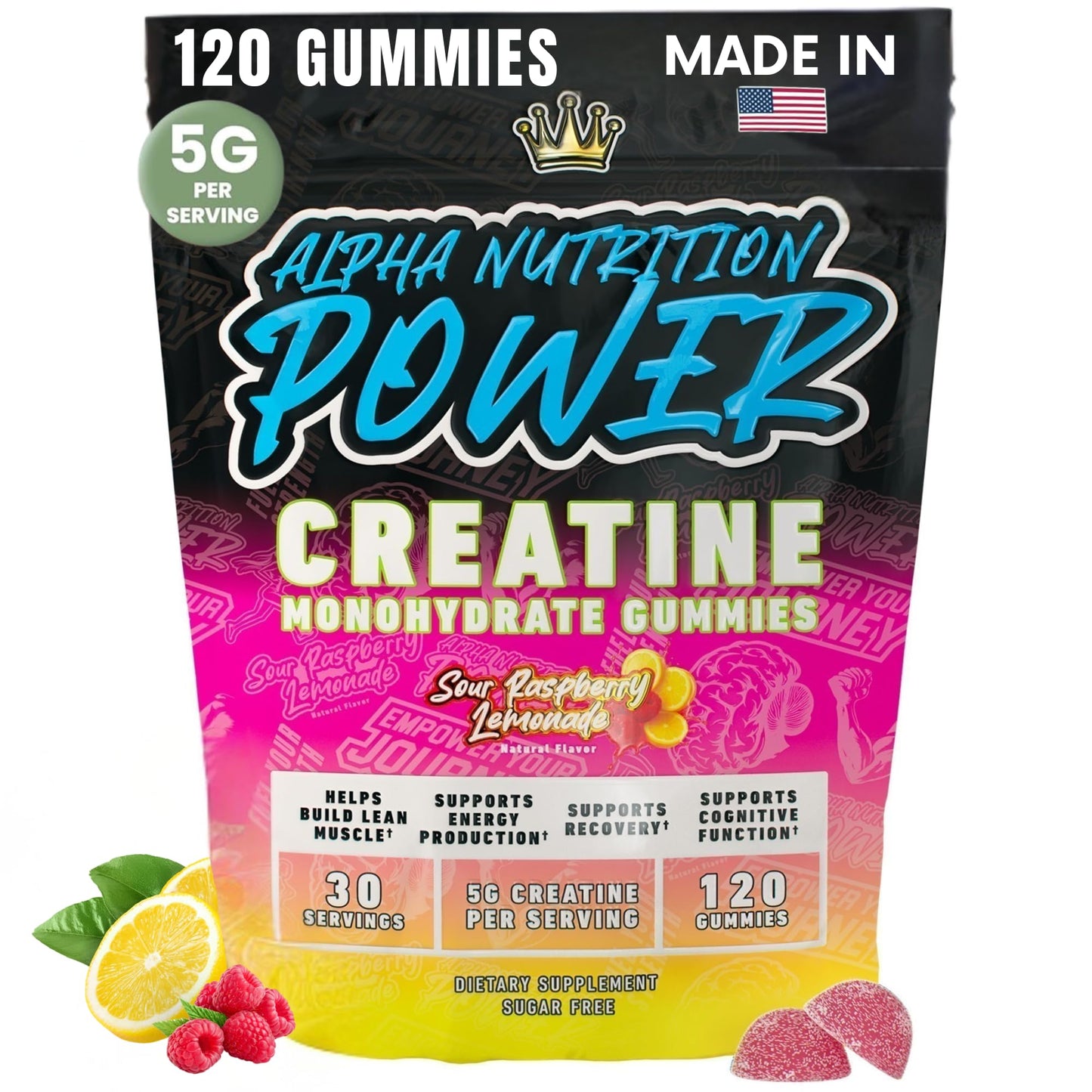 Creatine Monohydrate Gummies 5g - Raspberry Lemonade Flavored Creatine for Women and Men - Supplement for Muscle Gain, Strength, Energy, Cognitive Health, Pre and Post Workout, Recovery, (120 Gummies) - Maple Wellness Supplements