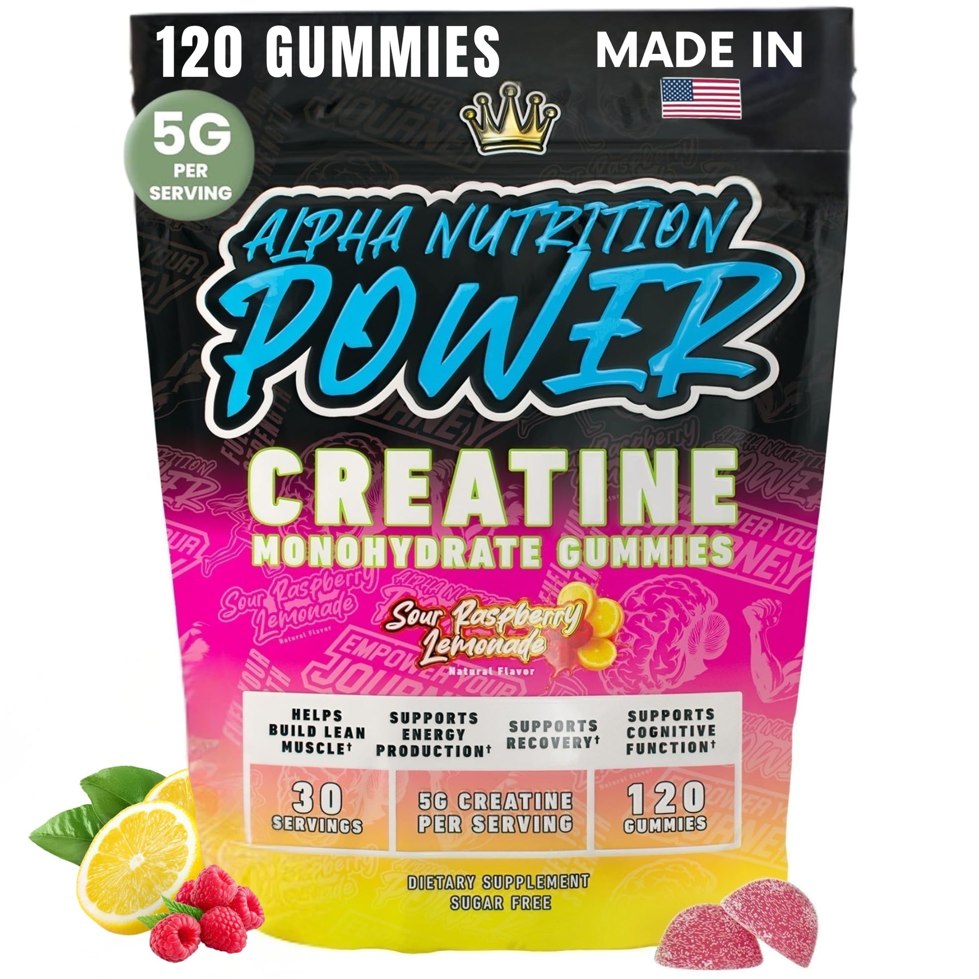 Creatine Monohydrate Gummies 5g - Raspberry Lemonade Flavored Creatine for Women and Men - Supplement for Muscle Gain, Strength, Energy, Cognitive Health, Pre and Post Workout, Recovery, (120 Gummies) - Maple Wellness Supplements