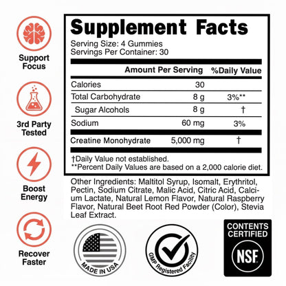 Creatine Monohydrate Gummies 5g - Raspberry Lemonade Flavored Creatine for Women and Men - Supplement for Muscle Gain, Strength, Energy, Cognitive Health, Pre and Post Workout, Recovery, (120 Gummies) - Maple Wellness Supplements