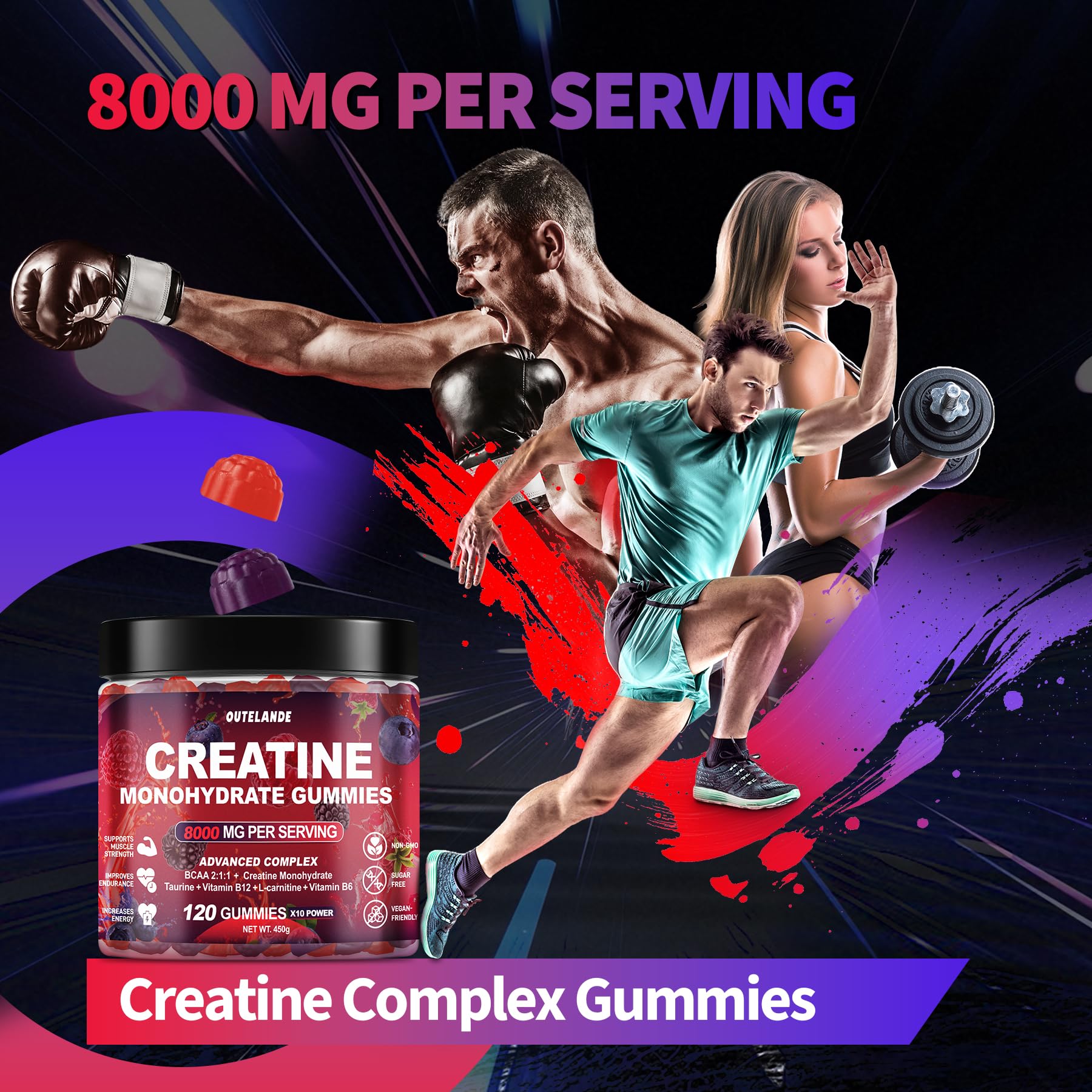 Creatine Monohydrate Gummies 8000 mg for Men & Women, Creatine Supplement for Enhanced Muscle Growth, Energy Boost - with L-Taurine, Sugar Free, Vegan - Maple Wellness Supplements