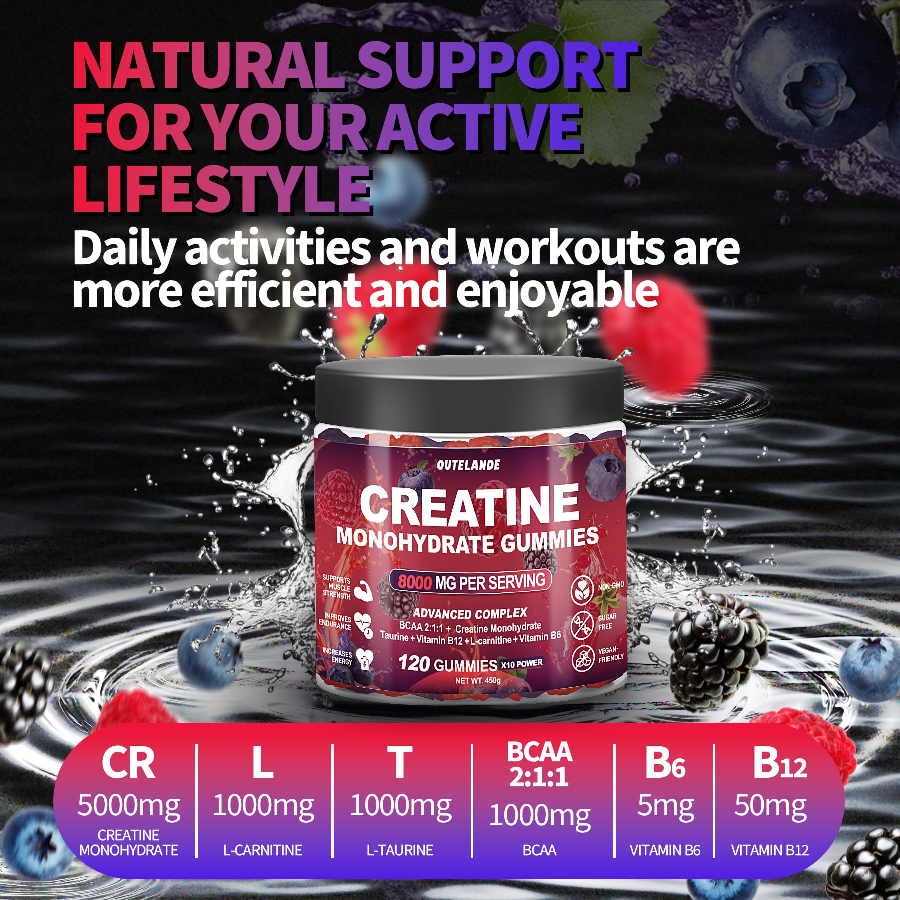 Creatine Monohydrate Gummies 8000 mg for Men & Women, Creatine Supplement for Enhanced Muscle Growth, Energy Boost - with L-Taurine, Sugar Free, Vegan - Maple Wellness Supplements