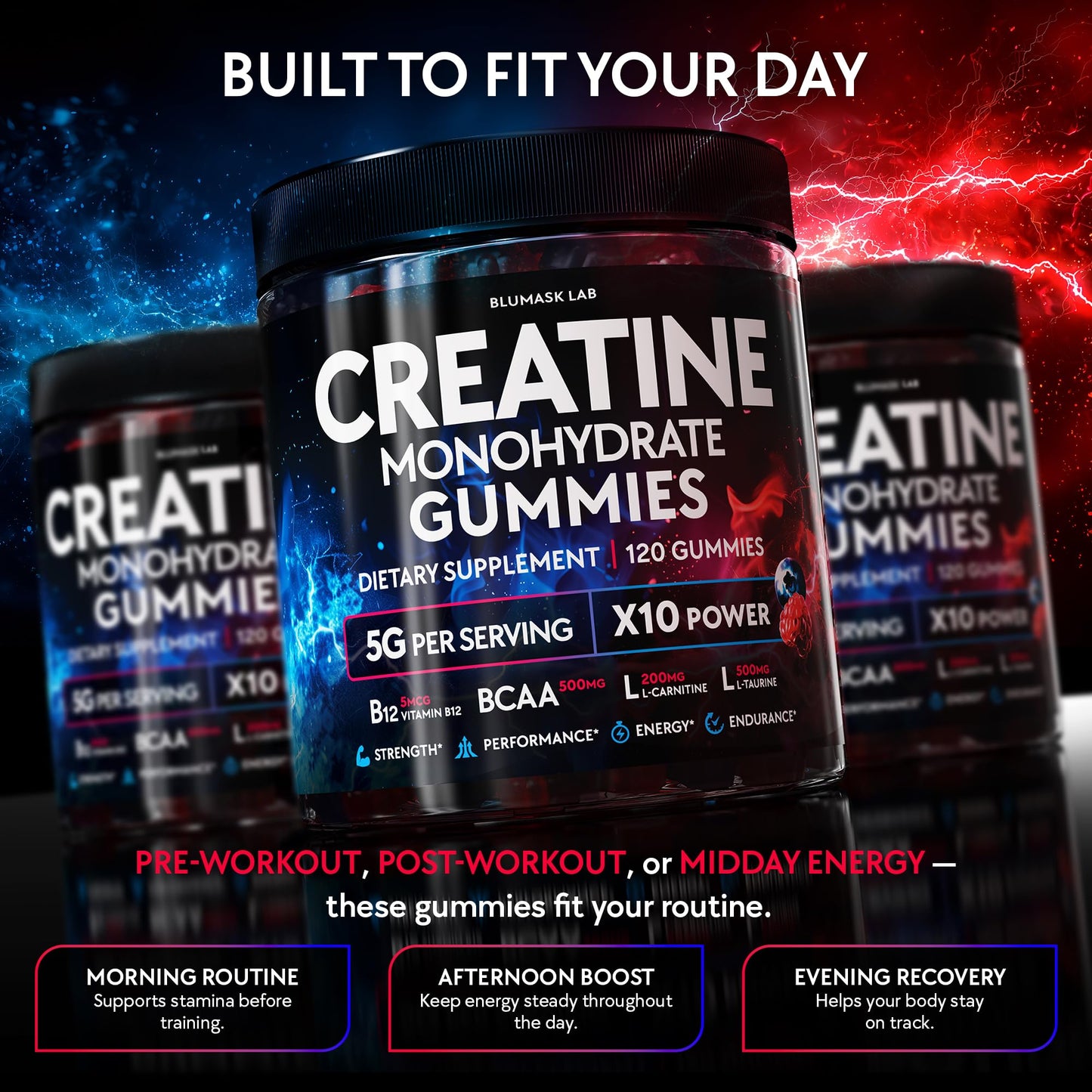 Creatine Monohydrate Gummies Complex 5000 MG for Men & Women, Preworkout Gummy with BCAA, L-Carnitine, Taurine & Vitamin B12 for Muscle Growth, - Maple Wellness Supplements