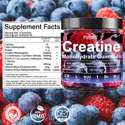 Creatine Monohydrate Gummies Complex 8000mg for Men and Women, Containing L-carnitine & Taurine, Build Muscle, Boost Energy, Faster Recovery, Sugar Free & Vegan - Maple Wellness Supplements