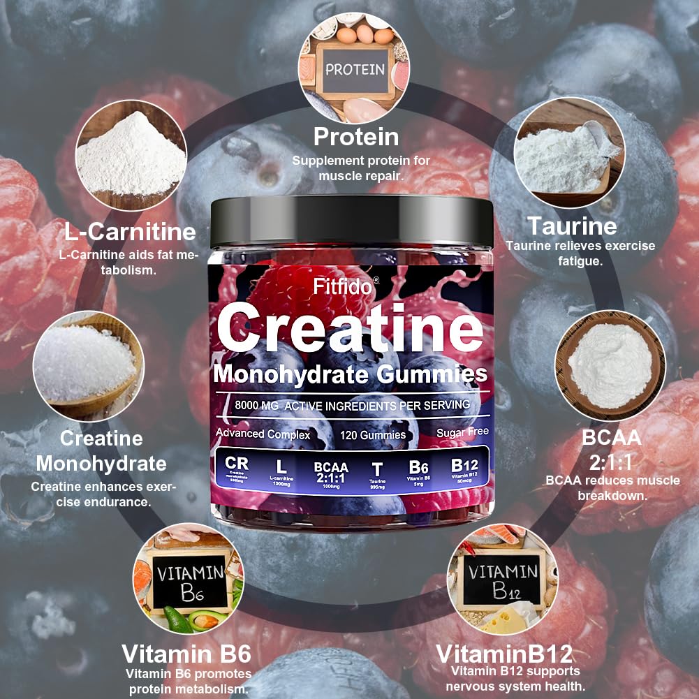 Creatine Monohydrate Gummies Complex 8000mg for Men and Women, Containing L-carnitine & Taurine, Build Muscle, Boost Energy, Faster Recovery, Sugar Free & Vegan - Maple Wellness Supplements