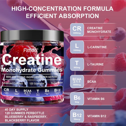 Creatine Monohydrate Gummies Complex 8000mg for Men and Women, Containing L-carnitine & Taurine, Build Muscle, Boost Energy, Faster Recovery, Sugar Free & Vegan - Maple Wellness Supplements