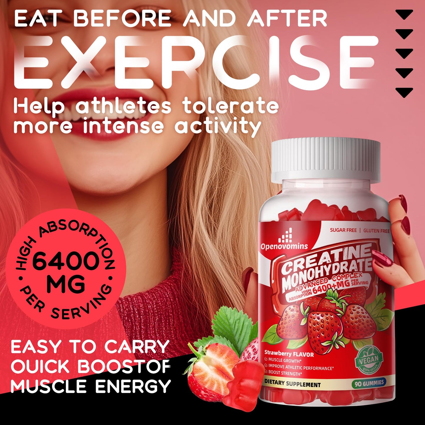 Creatine Monohydrate Gummies Complex for Men & Women -Advanced Formula W/L-Taurine + Vitamin B12, Sugar Free Chewable Supplement,90 Strawberry Gummies - Maple Wellness Supplements