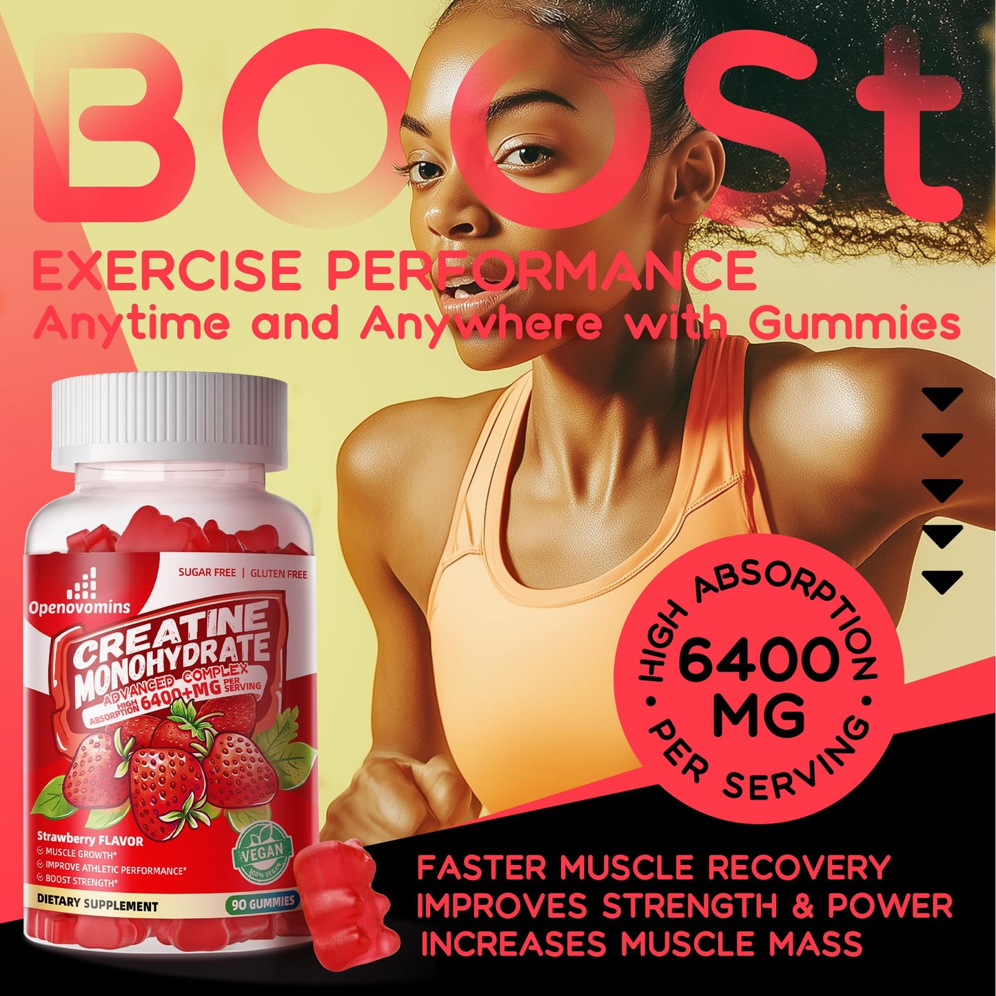 Creatine Monohydrate Gummies Complex for Men & Women -Advanced Formula W/L-Taurine + Vitamin B12, Sugar Free Chewable Supplement,90 Strawberry Gummies - Maple Wellness Supplements