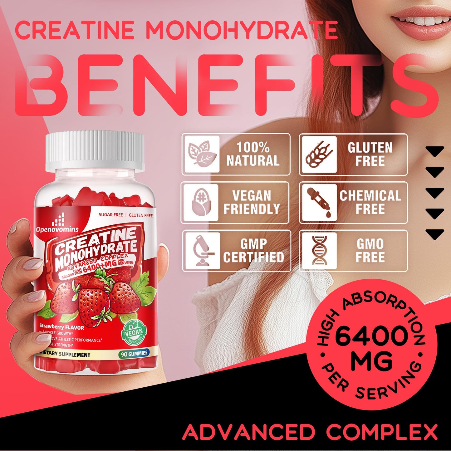 Creatine Monohydrate Gummies Complex for Men & Women -Advanced Formula W/L-Taurine + Vitamin B12, Sugar Free Chewable Supplement,90 Strawberry Gummies - Maple Wellness Supplements