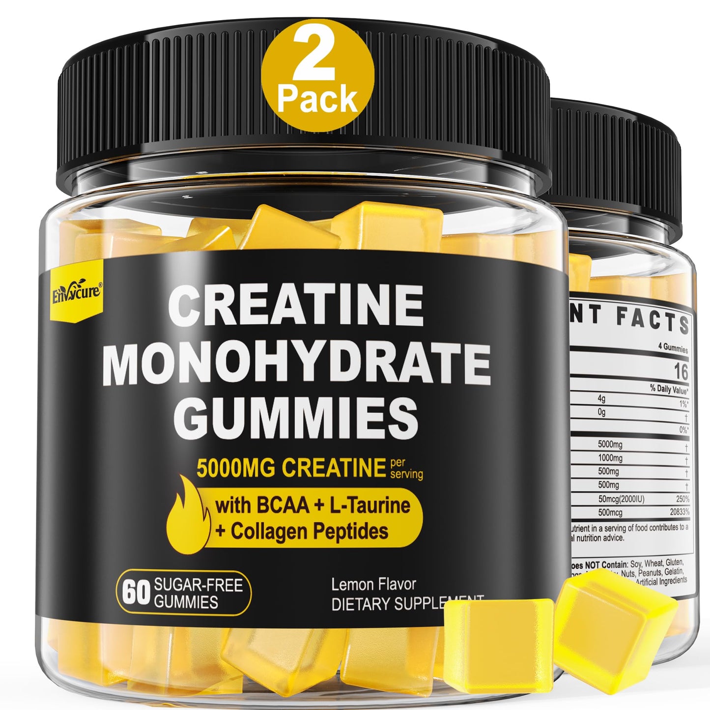 Creatine Monohydrate Gummies for Men & Women - with BCAA, Collagen Peptides, L-Taurine, Vitamin B12, D3, Chewables Creatine Monohydrate 5g Per Serving, Natural Lemon Flavor, Sugar Free, 2 Pack - Maple Wellness Supplements