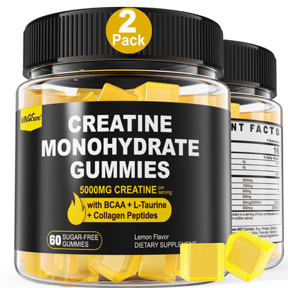 Creatine Monohydrate Gummies for Men & Women - with BCAA, Collagen Peptides, L-Taurine, Vitamin B12, D3, Chewables Creatine Monohydrate 5g Per Serving, Natural Lemon Flavor, Sugar Free, 2 Pack - Maple Wellness Supplements