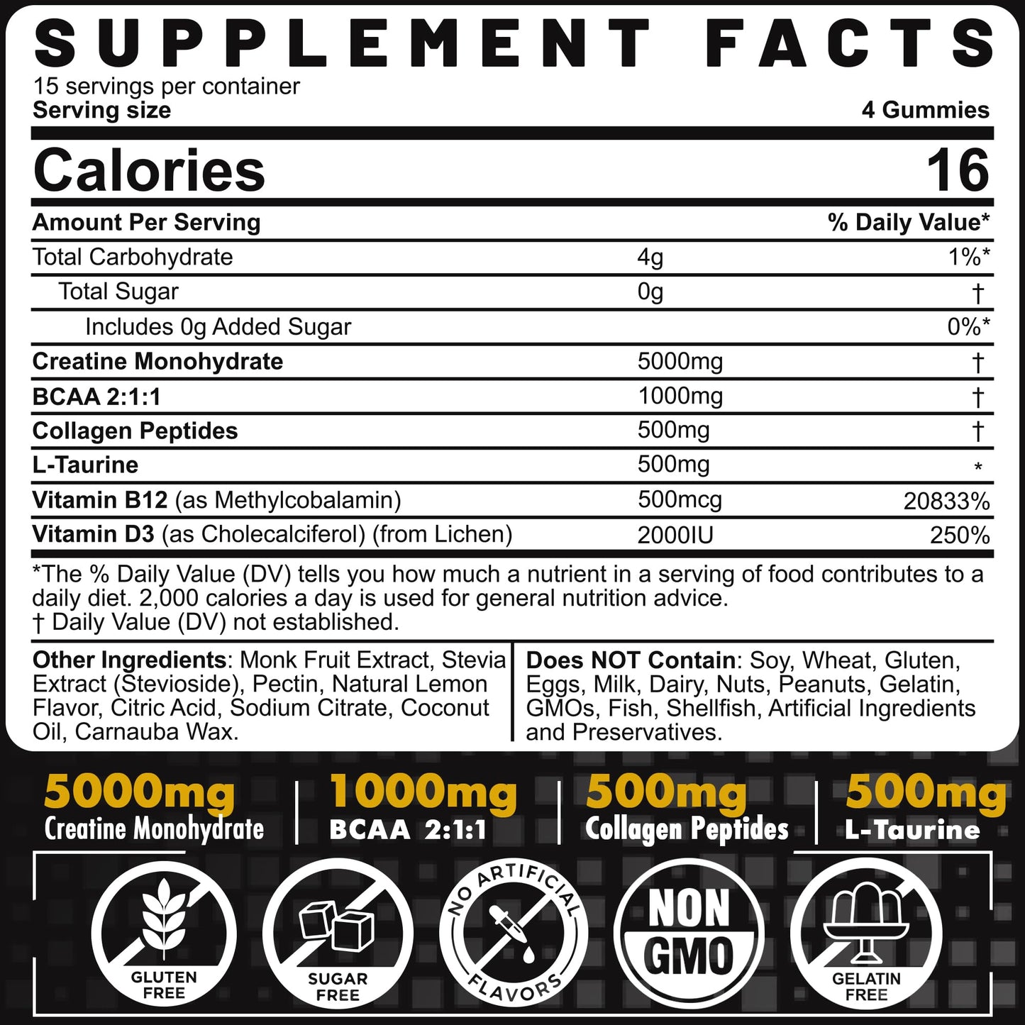 Creatine Monohydrate Gummies for Men & Women - with BCAA, Collagen Peptides, L-Taurine, Vitamin B12, D3, Chewables Creatine Monohydrate 5g Per Serving, Natural Lemon Flavor, Sugar Free, 2 Pack - Maple Wellness Supplements