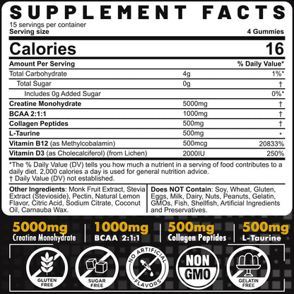 Creatine Monohydrate Gummies for Men & Women - with BCAA, Collagen Peptides, L-Taurine, Vitamin B12, D3, Chewables Creatine Monohydrate 5g Per Serving, Natural Lemon Flavor, Sugar Free, 2 Pack - Maple Wellness Supplements