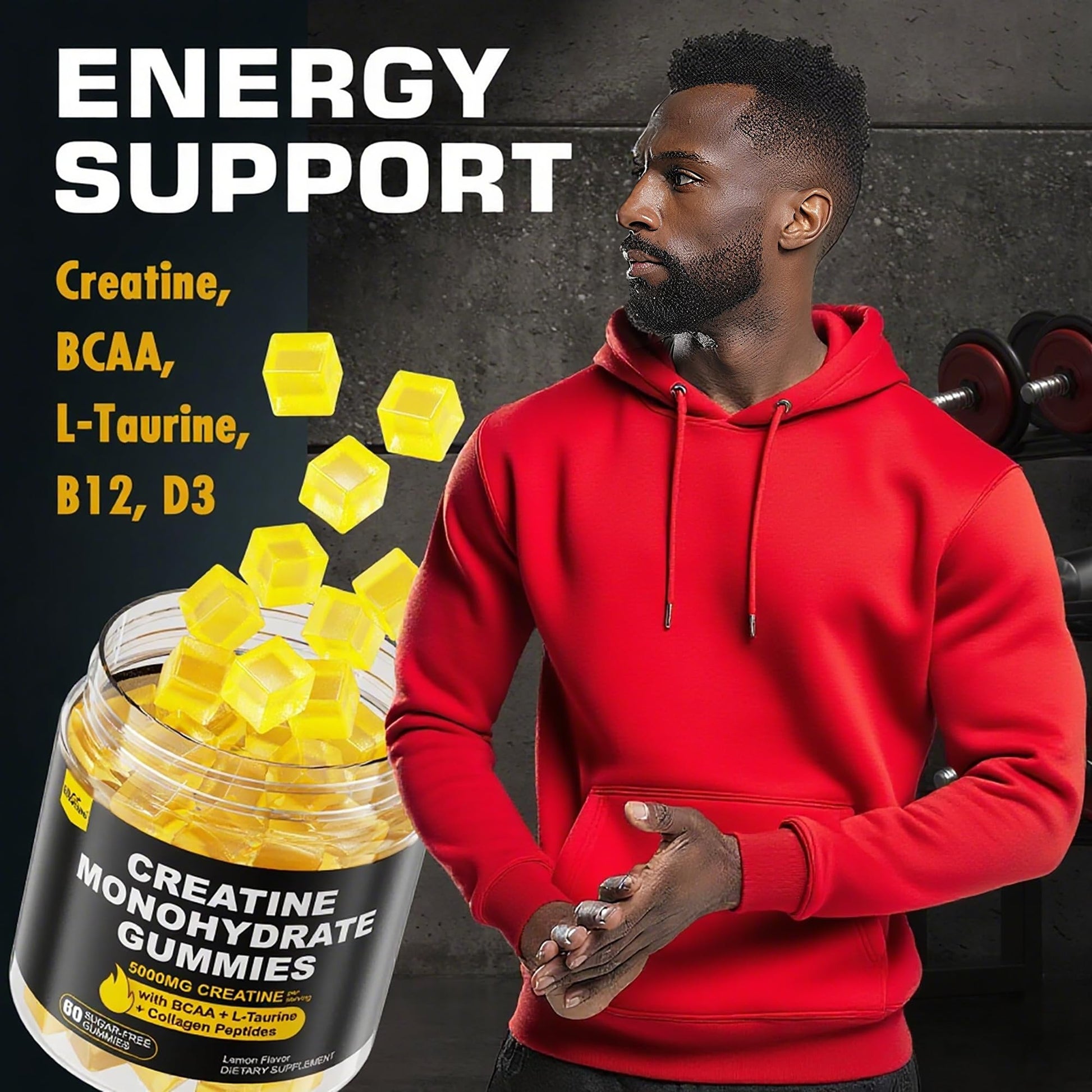 Creatine Monohydrate Gummies for Men & Women - with BCAA, Collagen Peptides, L-Taurine, Vitamin B12, D3, Chewables Creatine Monohydrate 5g Per Serving, Natural Lemon Flavor, Sugar Free, 2 Pack - Maple Wellness Supplements
