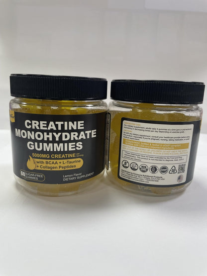 Creatine Monohydrate Gummies for Men & Women - with BCAA, Collagen Peptides, L-Taurine, Vitamin B12, D3, Chewables Creatine Monohydrate 5g Per Serving, Natural Lemon Flavor, Sugar Free, 2 Pack - Maple Wellness Supplements