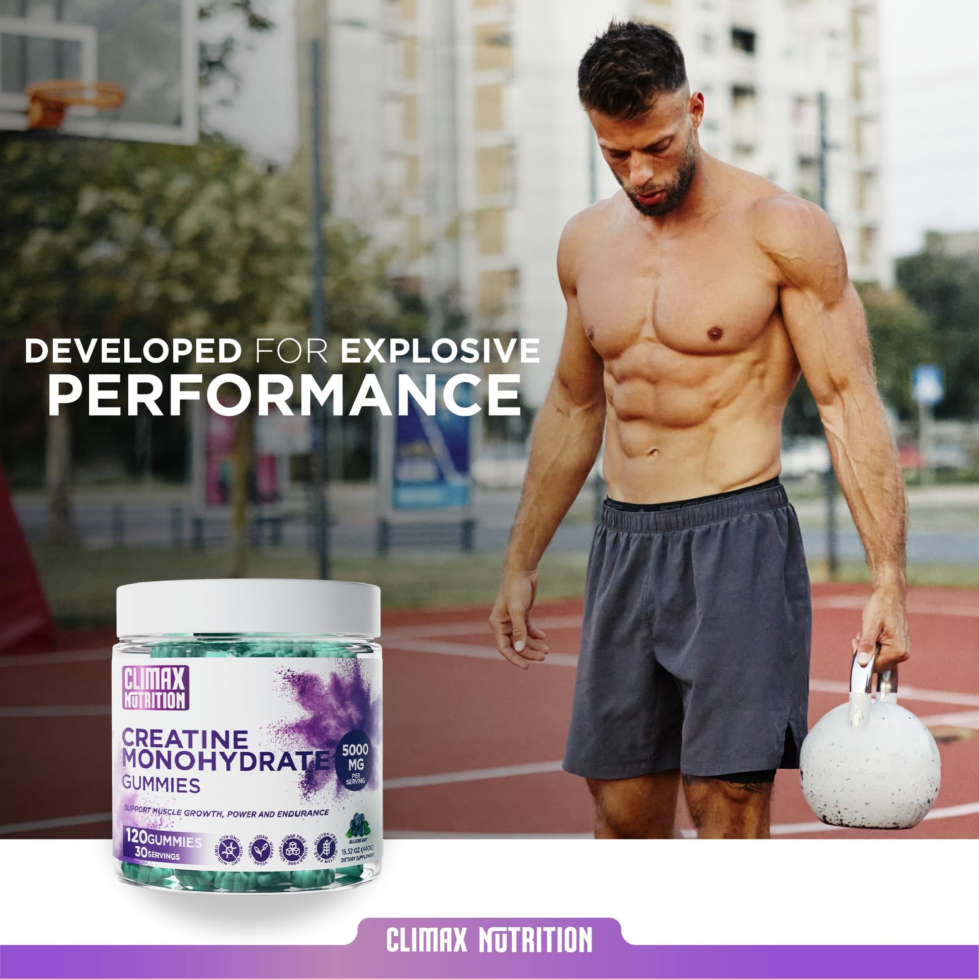 Creatine Monohydrate Gummies - Vegan, Sugar-Free, Gluten-Free - Boosts Muscle Recovery, Strength & Lean Muscle Growth - Brain Health Support - for Men & Women - Blueberry Flavor - 120 Gummies - Maple Wellness Supplements