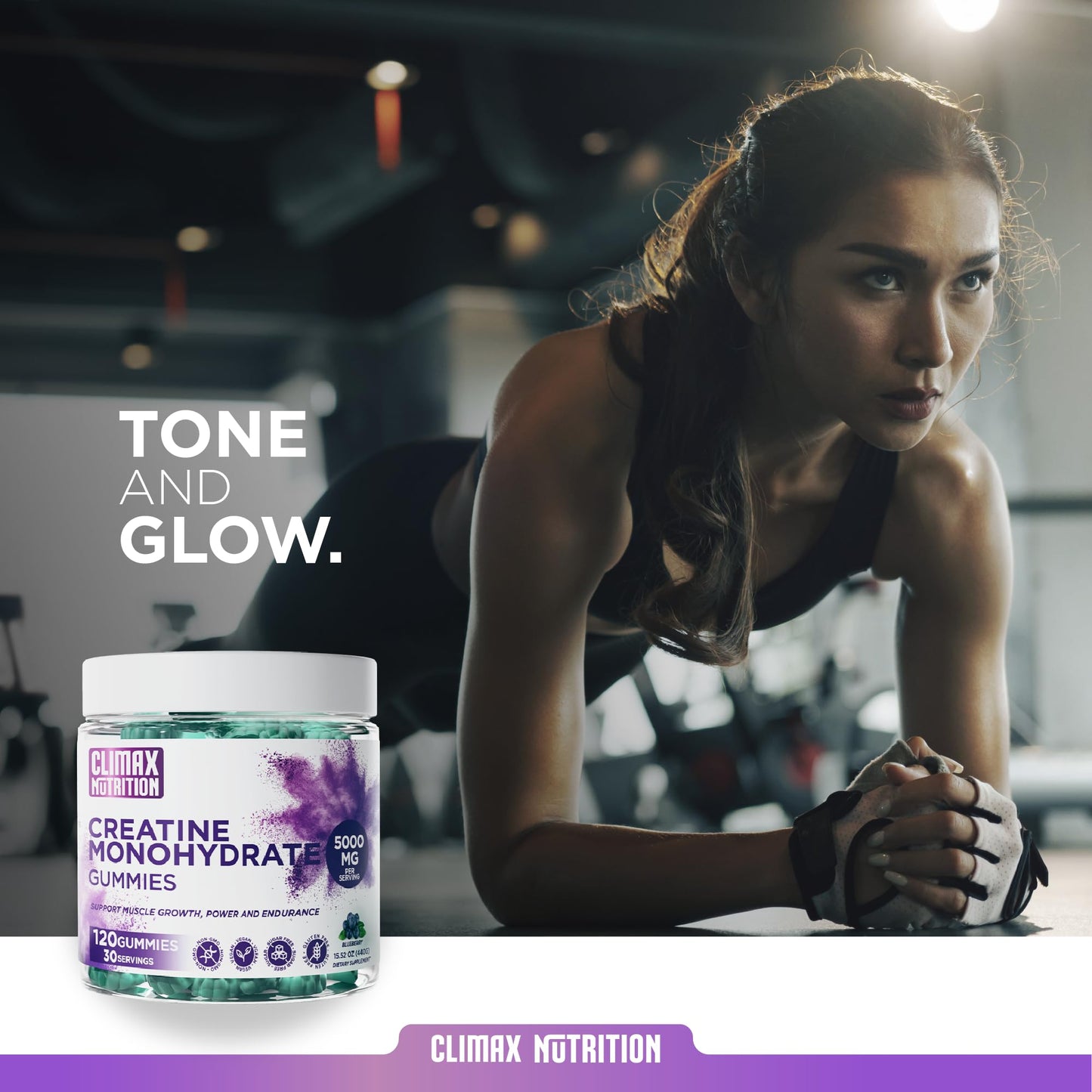Creatine Monohydrate Gummies - Vegan, Sugar-Free, Gluten-Free - Boosts Muscle Recovery, Strength & Lean Muscle Growth - Brain Health Support - for Men & Women - Blueberry Flavor - 120 Gummies - Maple Wellness Supplements