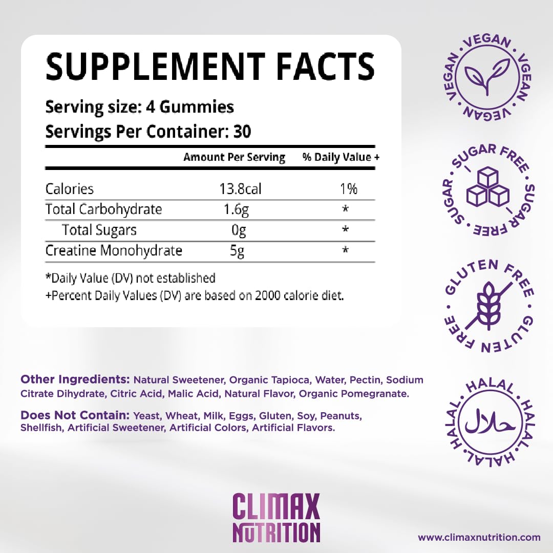 Creatine Monohydrate Gummies - Vegan, Sugar-Free, Gluten-Free - Boosts Muscle Recovery, Strength & Lean Muscle Growth - Brain Health Support - for Men & Women - Blueberry Flavor - 120 Gummies - Maple Wellness Supplements