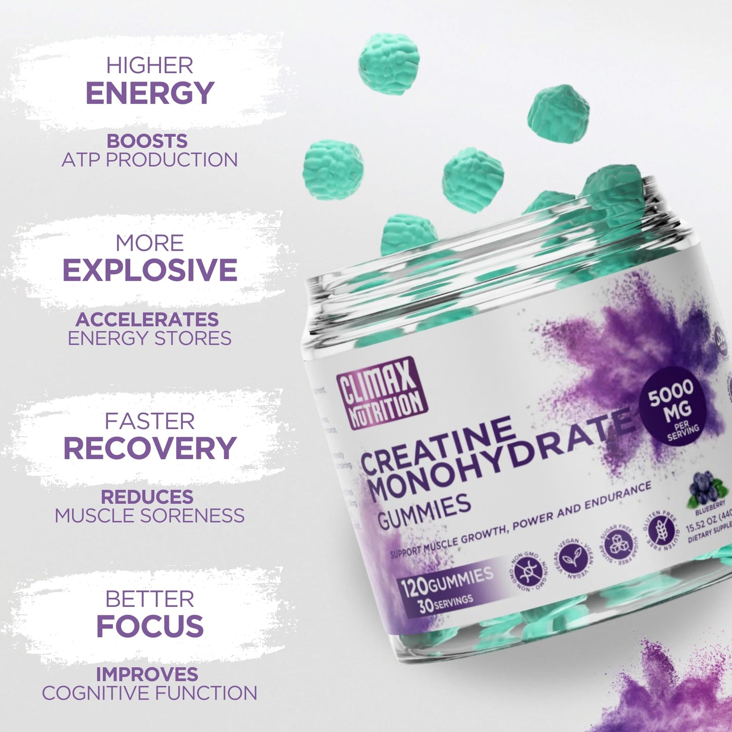 Creatine Monohydrate Gummies - Vegan, Sugar-Free, Gluten-Free - Boosts Muscle Recovery, Strength & Lean Muscle Growth - Brain Health Support - for Men & Women - Blueberry Flavor - 120 Gummies - Maple Wellness Supplements