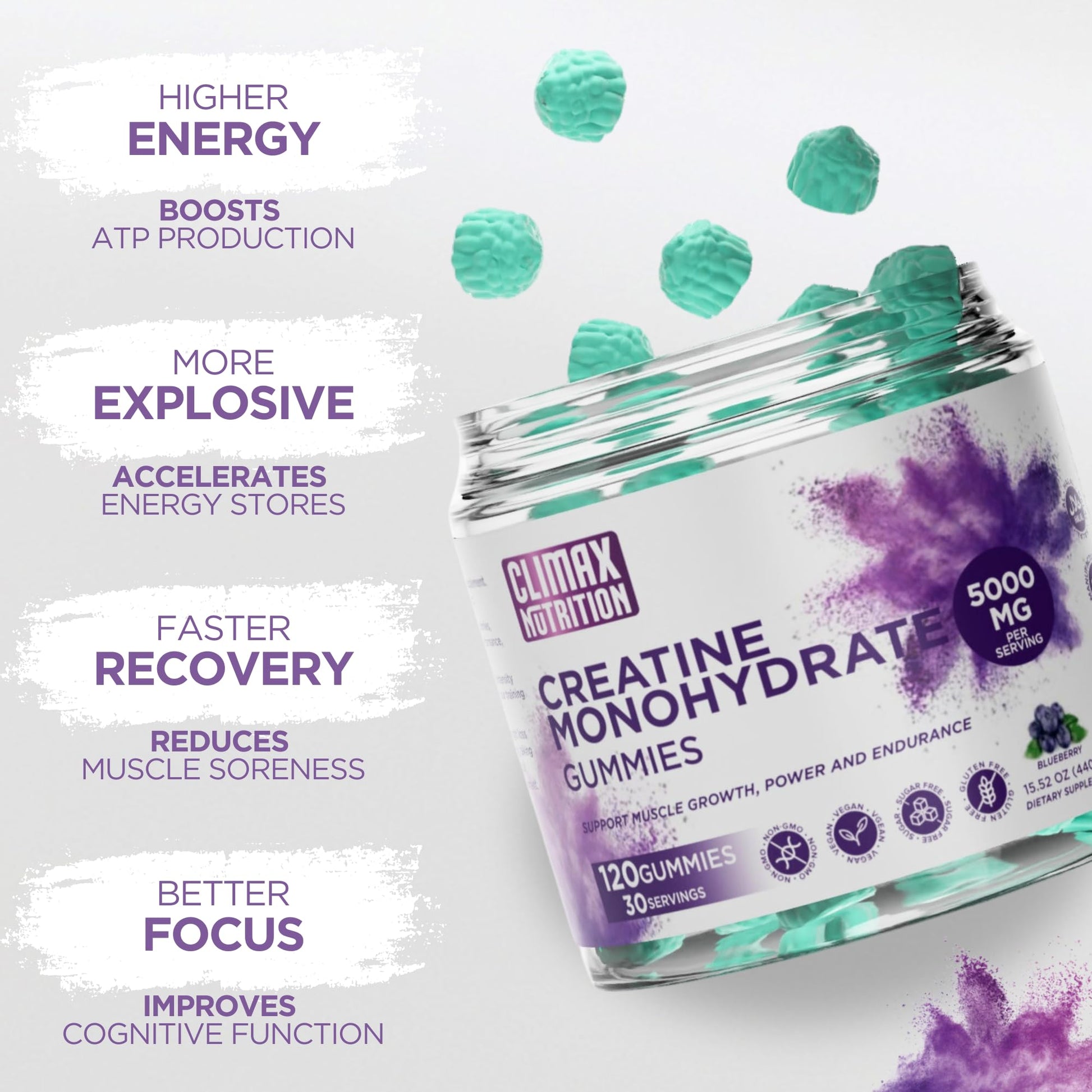 Creatine Monohydrate Gummies - Vegan, Sugar-Free, Gluten-Free - Boosts Muscle Recovery, Strength & Lean Muscle Growth - Brain Health Support - for Men & Women - Blueberry Flavor - 120 Gummies - Maple Wellness Supplements