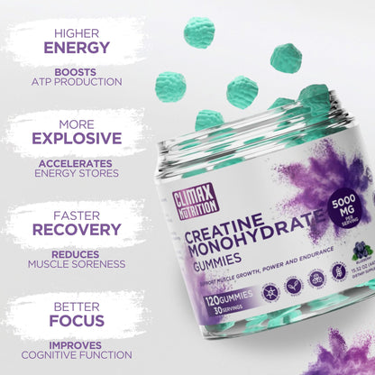 Creatine Monohydrate Gummies - Vegan, Sugar-Free, Gluten-Free - Boosts Muscle Recovery, Strength & Lean Muscle Growth - Brain Health Support - for Men & Women - Blueberry Flavor - 120 Gummies - Maple Wellness Supplements