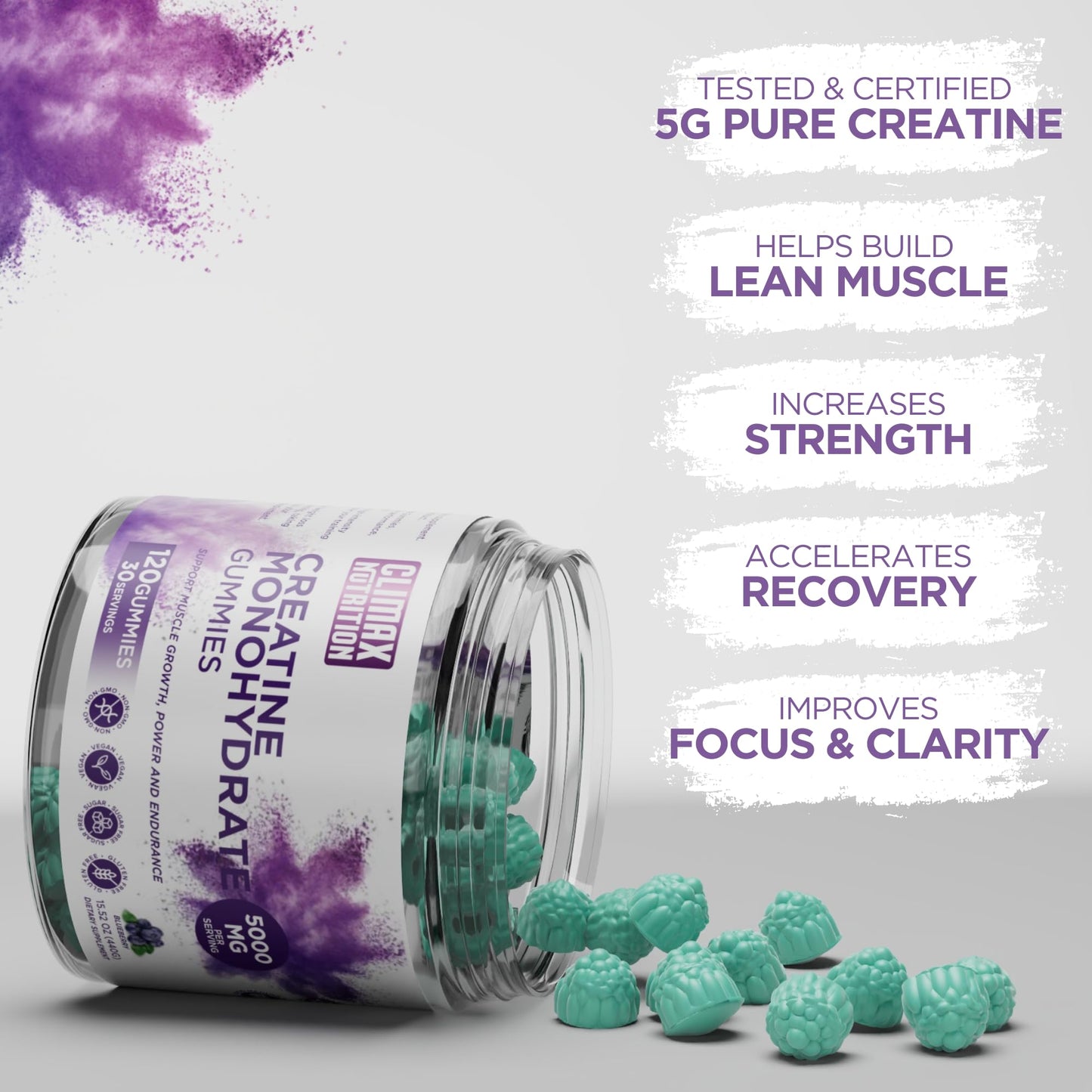 Creatine Monohydrate Gummies - Vegan, Sugar-Free, Gluten-Free - Boosts Muscle Recovery, Strength & Lean Muscle Growth - Brain Health Support - for Men & Women - Blueberry Flavor - 120 Gummies - Maple Wellness Supplements