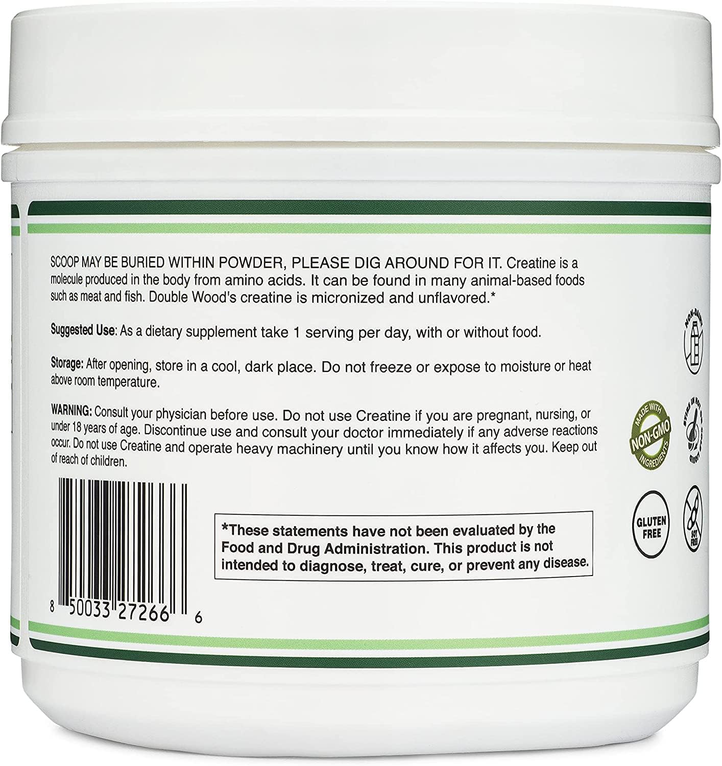 Creatine Monohydrate Powder 1.1lbs (100 Servings of 5 Grams Each) - No Fillers, Vegan Safe, Non-GMO, Gluten Free by Double Wood - Maple Wellness Supplements