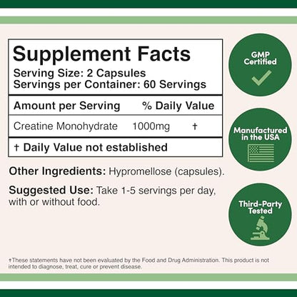 Creatine Pills 1,000mg Per Serving (120 Creatine Capsules) Micronized Creatine - Maple Wellness Supplements
