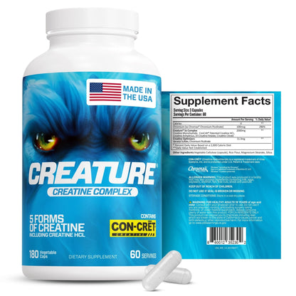 CREATURE® Creatine Complex - Creatine Monohydrate Capsules with 5 Types of Creatine Including Con-Crēt® Creatine HCL, Promotes Muscle, Strength, Endurance, Brain Health, 180 Veggie Caps, 60 Servings - Maple Wellness Supplements