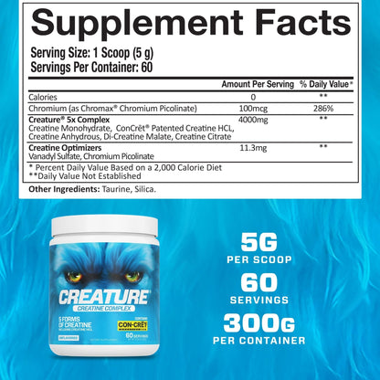 CREATURE® Creatine Complex - Creatine Monohydrate Powder with 5 Types of Creatine Including Con-Crēt® Creatine HCL, Promotes Muscle, Strength, Endurance, Brain Health, Unflavored, 300g 60 Servings - Maple Wellness Supplements