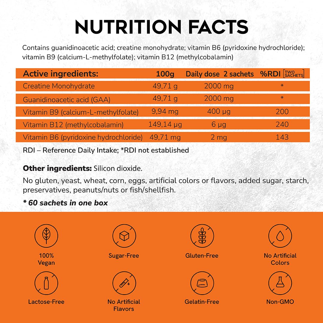 CreGAAtine Micronized Creatine Monohydrate + GAA | Increase Strength, No Water Retention | Boosts Memory & Focus | Single-Serve Packets | 60 Sachets, 30 Servings | (Sachets, Orange) - Maple Wellness Supplements