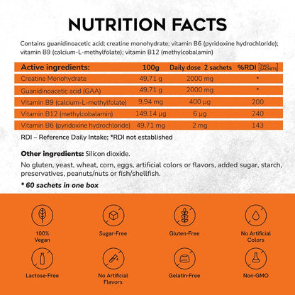 CreGAAtine Micronized Creatine Monohydrate + GAA | Increase Strength, No Water Retention | Boosts Memory & Focus | Single-Serve Packets | 60 Sachets, 30 Servings | (Sachets, Orange) - Maple Wellness Supplements