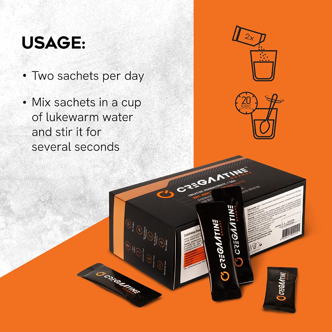 CreGAAtine Micronized Creatine Monohydrate + GAA | Increase Strength, No Water Retention | Boosts Memory & Focus | Single-Serve Packets | 60 Sachets, 30 Servings | (Sachets, Orange) - Maple Wellness Supplements