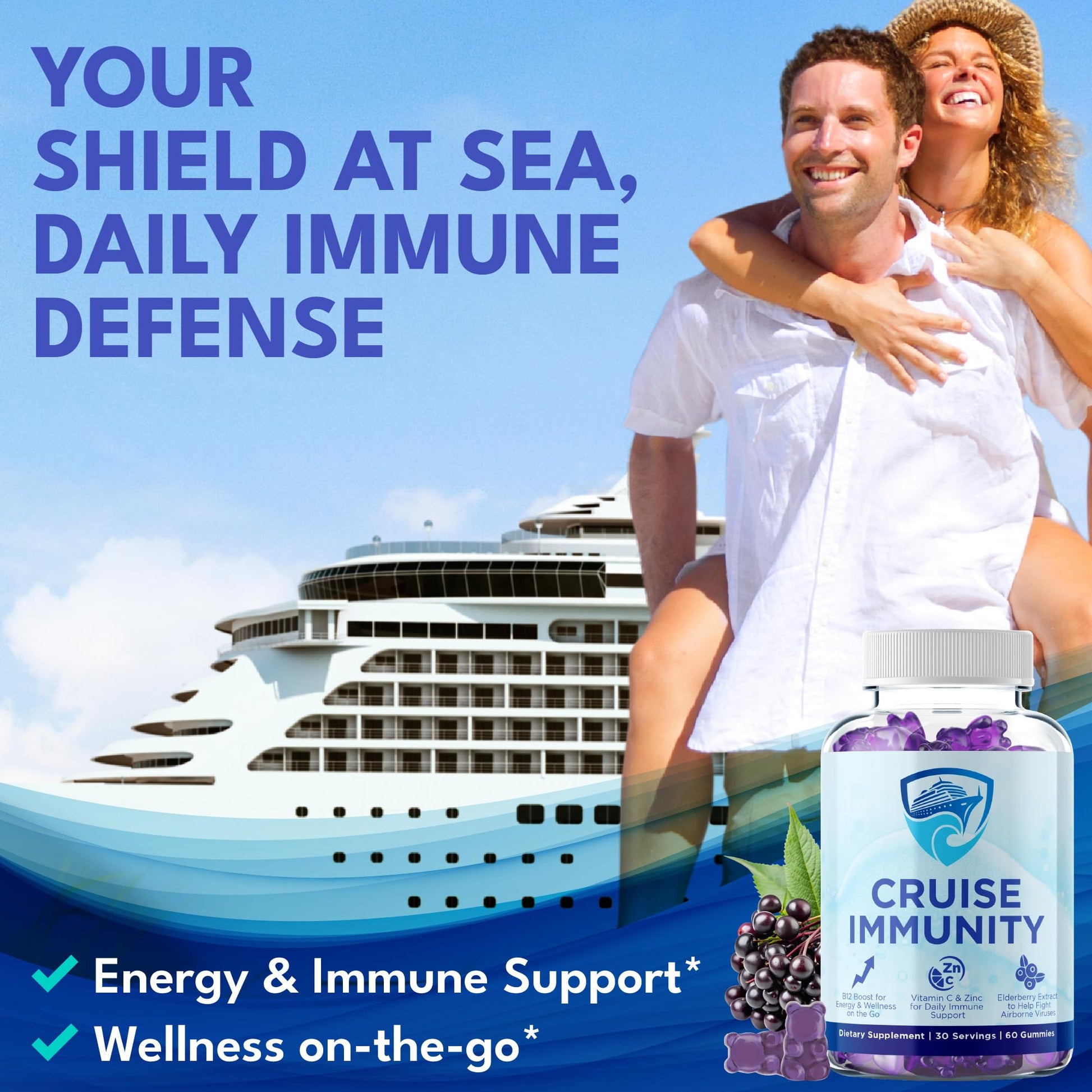 CRUISE IMMUNITY Immune Support Gummies for Cruisers with Vitamin C, B12, Zinc, Elderberry Extract, 60 Gummies, 30 Servings - Maple Wellness Supplements