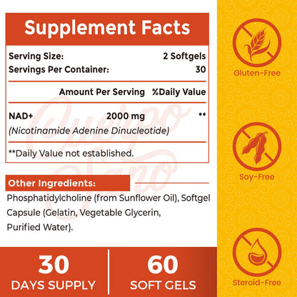 Cuerpo Sano 2000 MG NAD Supplement, Liposomal NAD+ with High Absorption, More Efficient Than Nicotinamide Riboside, Pure & Plus Boosting Supplement, Aging Defense, Metabolism & Cellular, 60 softgels - Maple Wellness Supplements