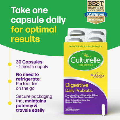 Culturelle Daily Probiotic Capsules For Men & Women, Most Clinically Studied Probiotic Strain, Digestive & Gut Health, Supports Occasional Diarrhea, Gas & Bloating, 1 Month Supply, 30 CT - Maple Wellness Supplements
