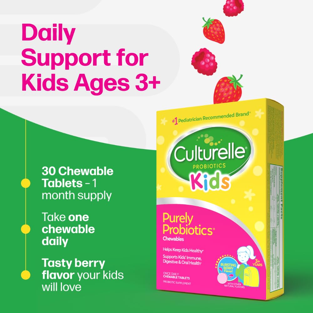 Culturelle Kids Chewable Daily Probiotic for Kids, Ages 3+, 30 Count, 1 Pediatrician-Recommended Brand, Natural Berry Flavored Daily Probiotics - Maple Wellness Supplements