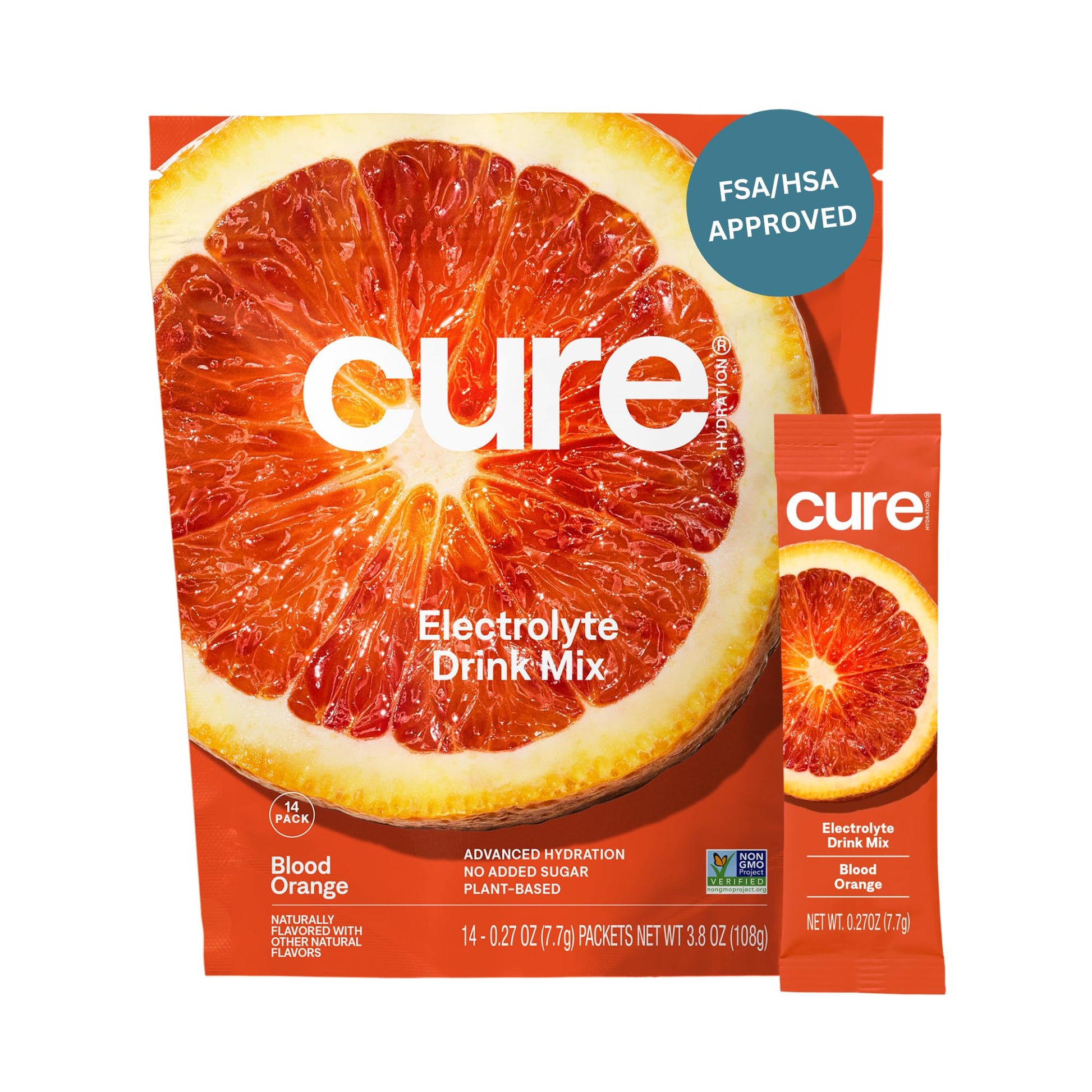 Cure Hydration | Plant-Based Electrolyte Drink Mix | No Added Sugar | FSA-HSA | Dehydration Relief Powder Made with Coconut Water | Non-GMO | Vegan | Pouch of 14 Packets - Blood Orange - Maple Wellness Supplements