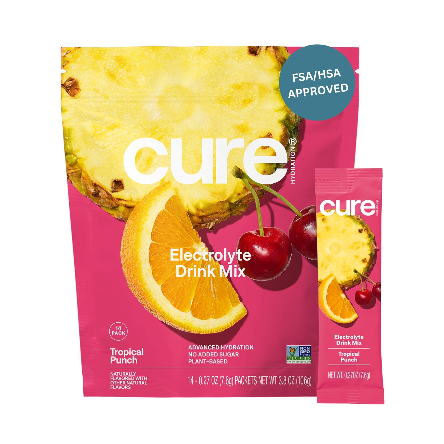 Cure Hydration | Plant-Based Electrolyte Drink Mix | No Added Sugar | FSA-HSA | Dehydration Relief Powder Made with Coconut Water | Non-GMO | Vegan | Pouch of 14 Packets - Tropical Punch - Maple Wellness Supplements