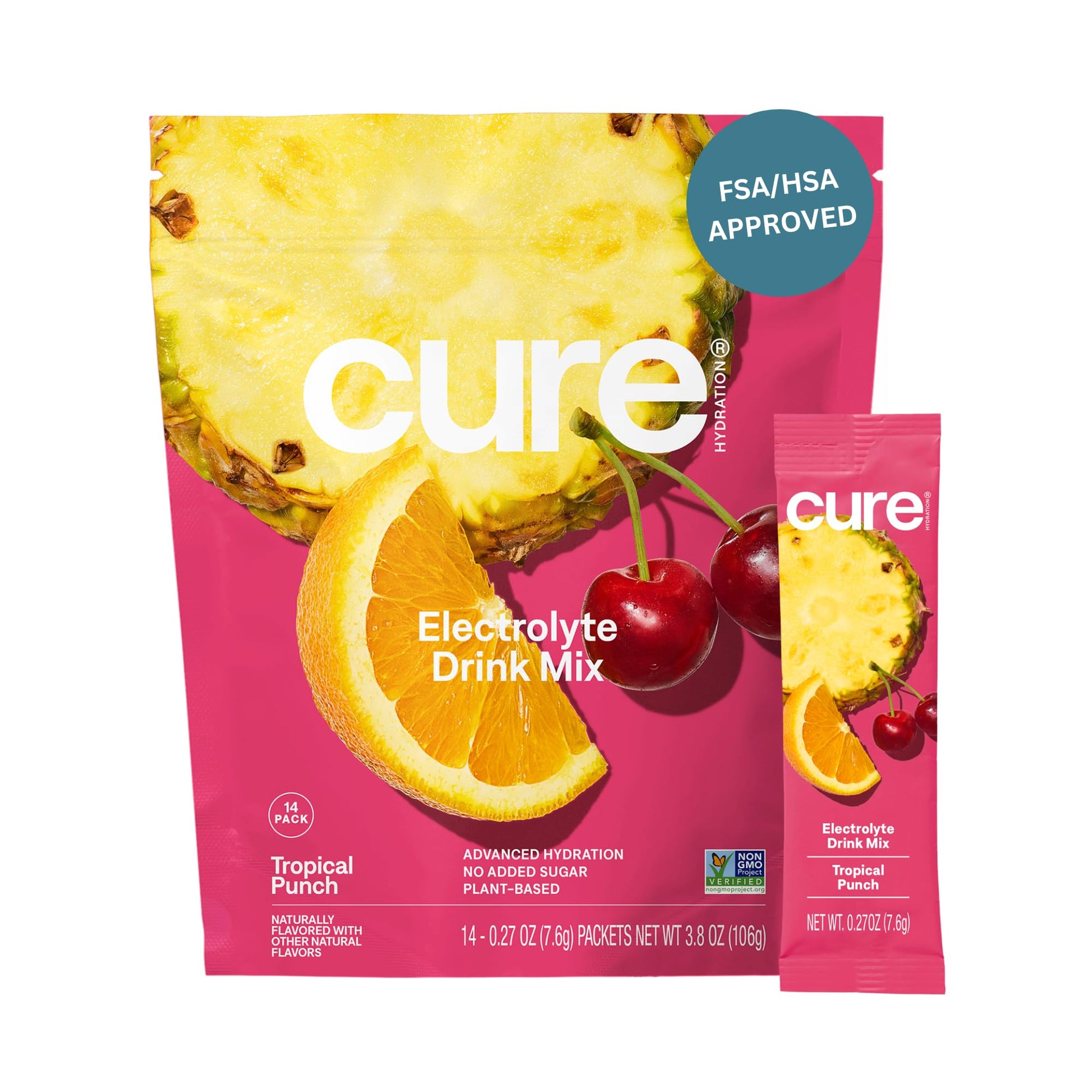Cure Hydration | Plant-Based Electrolyte Drink Mix | No Added Sugar | FSA-HSA | Dehydration Relief Powder Made with Coconut Water | Non-GMO | Vegan | Pouch of 14 Packets - Tropical Punch - Maple Wellness Supplements