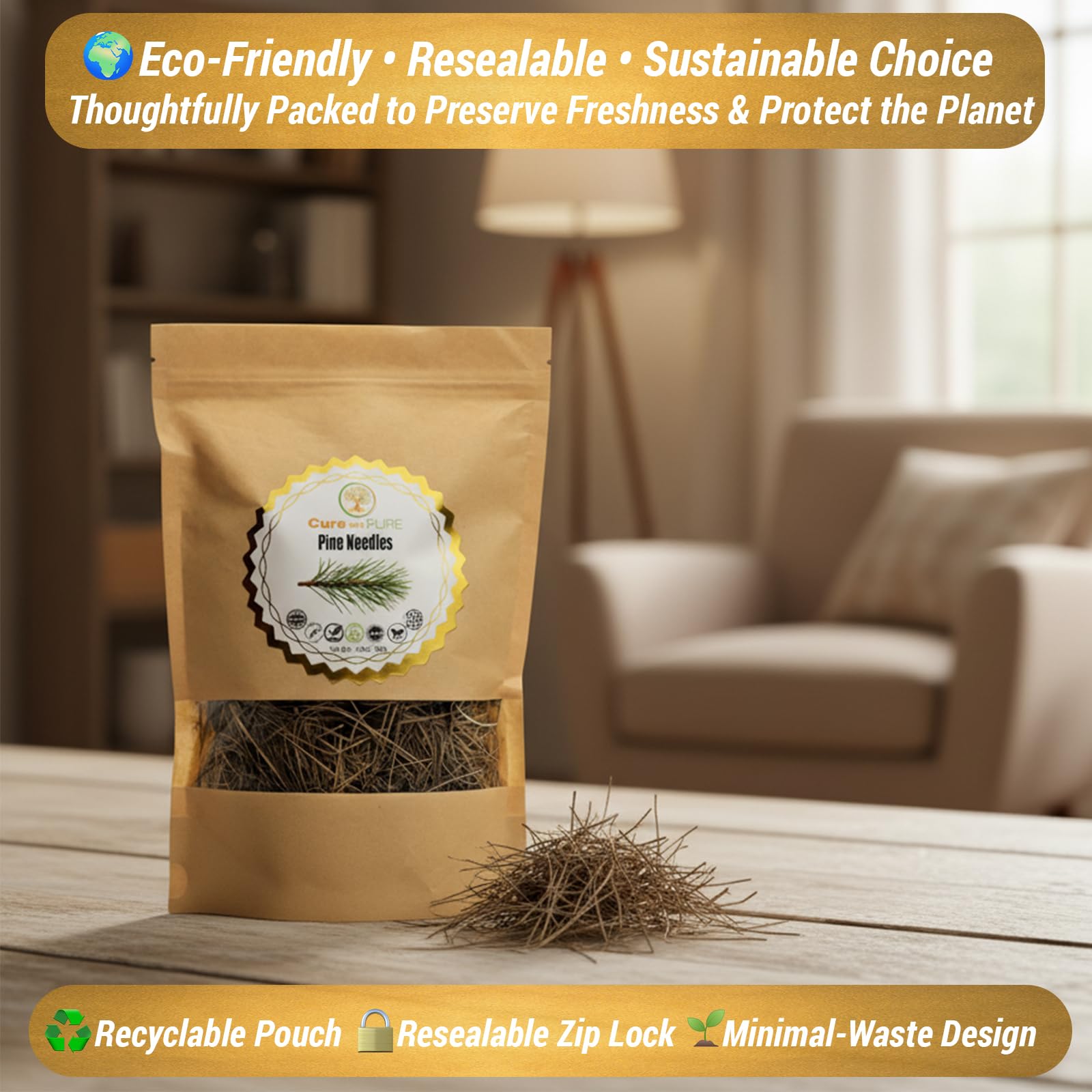 Cure Wid Pure Pine Needle Tea 3.5 Oz – 50 Cups Pine Tea – Wild Harvested from Pakistan in Eco-Friendly Resealable Pouch | Aromatic & Soothing Caffeine-Free Herbal Tea, Antioxidant & Immune Support - Maple Wellness Supplements