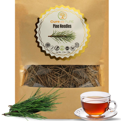 Cure Wid Pure Pine Needle Tea 3.5 Oz – 50 Cups Pine Tea – Wild Harvested from Pakistan in Eco-Friendly Resealable Pouch | Aromatic & Soothing Caffeine-Free Herbal Tea, Antioxidant & Immune Support - Maple Wellness Supplements