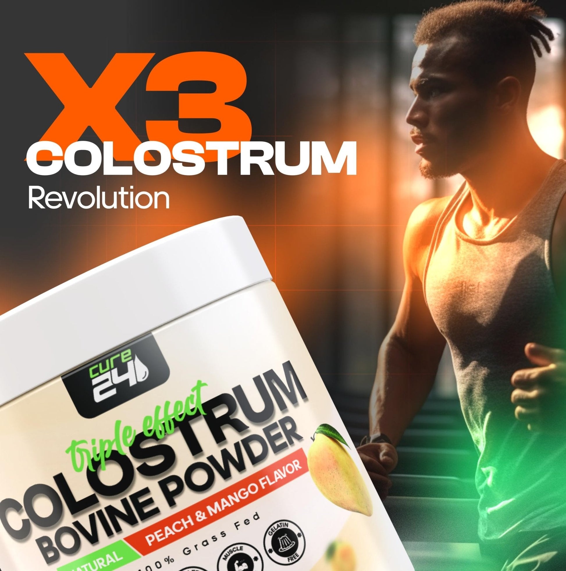 Cure24 Bovine X3 Colostrum Supplement Powder for Humans, 100% Pure Whole Natural Grass Fed Superfood, High IgG, Plus Probiotic & Prebiotic, Natural Peach-Mango Flavor, Made in USA - Maple Wellness Supplements
