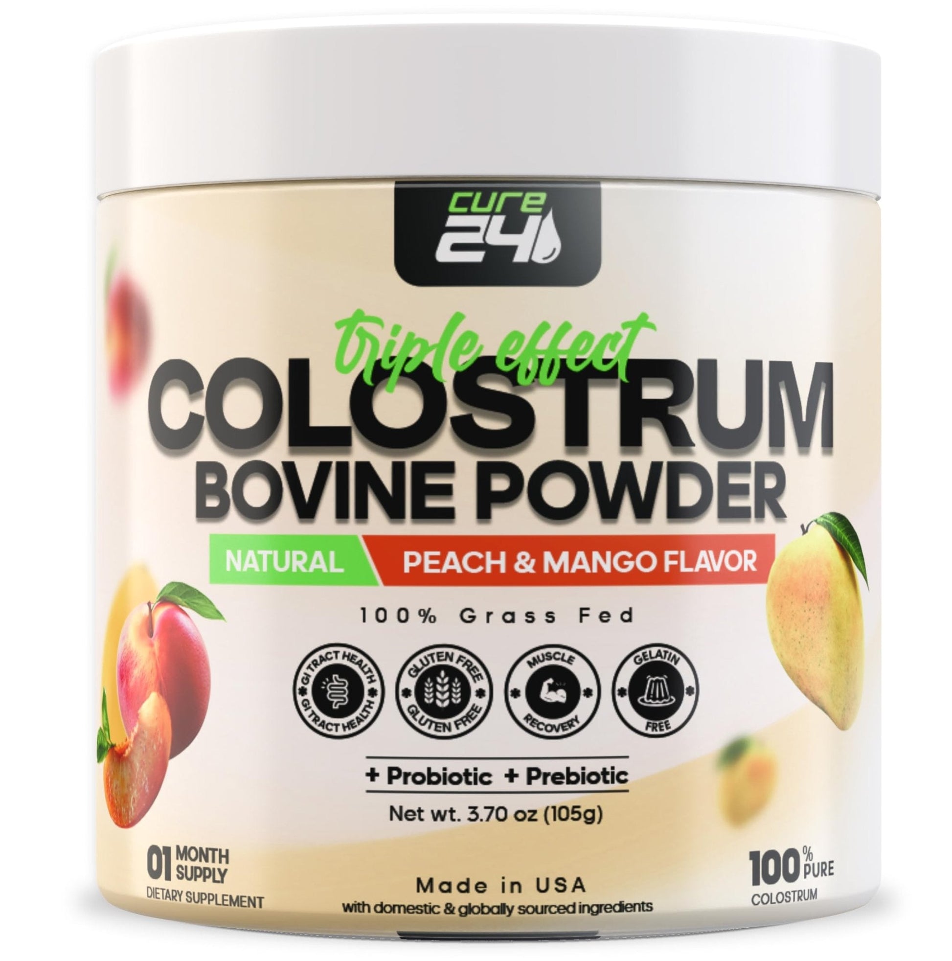 Cure24 Bovine X3 Colostrum Supplement Powder for Humans, 100% Pure Whole Natural Grass Fed Superfood, High IgG, Plus Probiotic & Prebiotic, Natural Peach-Mango Flavor, Made in USA - Maple Wellness Supplements