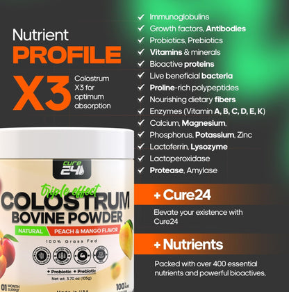 Cure24 Bovine X3 Colostrum Supplement Powder for Humans, 100% Pure Whole Natural Grass Fed Superfood, High IgG, Plus Probiotic & Prebiotic, Natural Peach-Mango Flavor, Made in USA - Maple Wellness Supplements
