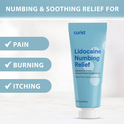 Curist 5% Lidocaine Numbing Cream - 6 oz (170 g) XL Tube - Soothing Numbing Cream for Temporary Discomfort, Itching, and Burning from Hemorrhoids Lidocaine 5% (1 Pack - 6 oz Tube) - Maple Wellness Supplements